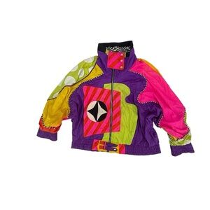 Saks Fifth Avenue By Gallery Vtg 1980's Color Block Rave Jacket Size Large Women